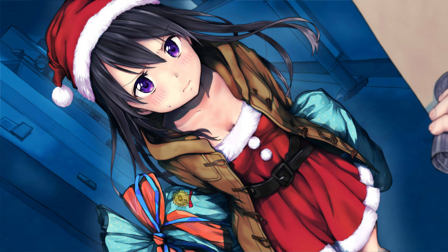 Обои картинки фото аниме, зима,  новый год,  рождество, фон, девушка, взгляд