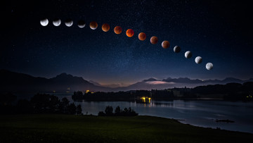 Картинка космос луна стадии лунное затмение 2018 звездное июль ночное водоем полнолуние дымка вершины берег темнота огни ночь горы пейзаж звезды небо лето