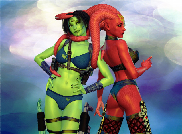 Обои картинки фото 3д графика, существа , creatures, фон, взгляд, девушки