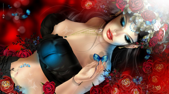 Обои картинки фото 3д графика, люди , people, венок, брюнетка, бабочка, цветы, девушка