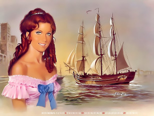 обоя календари, фэнтези, парусник, 2019, calendar, взгляд, водоем, девушка