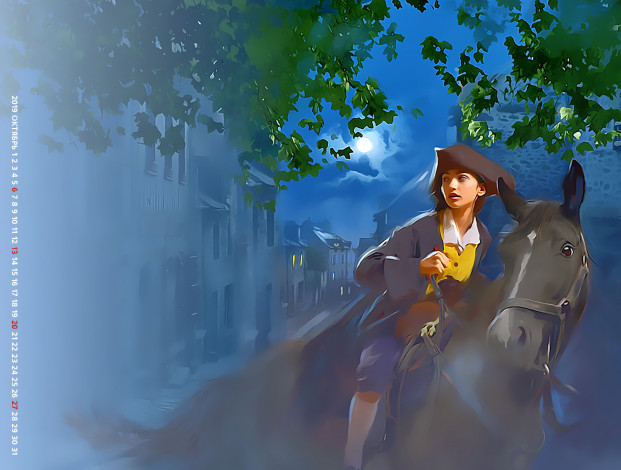 Обои картинки фото календари, фэнтези, 2019, calendar, конь, ночь, здание, девушка, лошадь