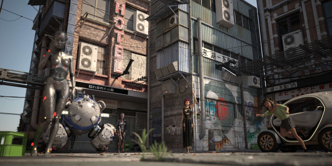 Обои картинки фото 3д графика, фантазия , fantasy, фон, взгляд, девушка, робот