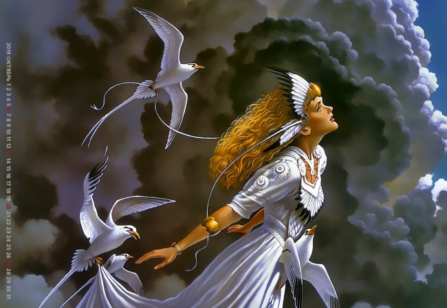 Обои картинки фото календари, фэнтези, calendar, 2019, облако, профиль, девушка, птица