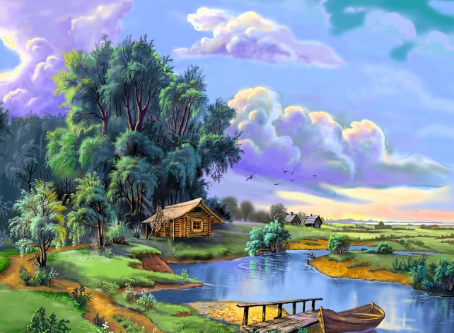 Обои картинки фото рисованное, виктор цыганов, лес, деревья, луга, дома, река, лодка