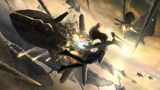 Обои картинки фото фэнтези, маги,  волшебники, девушка, посох, магия, воздух, корабли