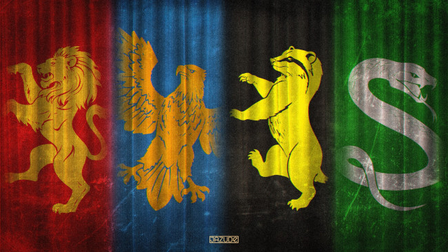 Обои картинки фото рисованное, кино,  мультфильмы, гарри, поттер, знамена, факультеты, цвета, символы, лев, орел, змея, барсук