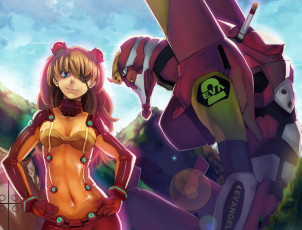Картинка аниме evangelion nanaya девушка soryu asuka langley настроение улыбка повязка на глаз робот