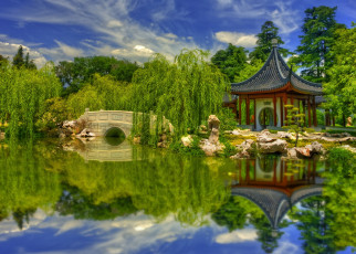 Картинка природа парк ивы пруд мостик беседка