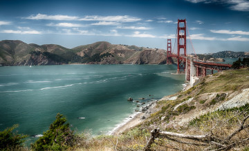 Картинка природа реки озера река обрывистый берег мост облака