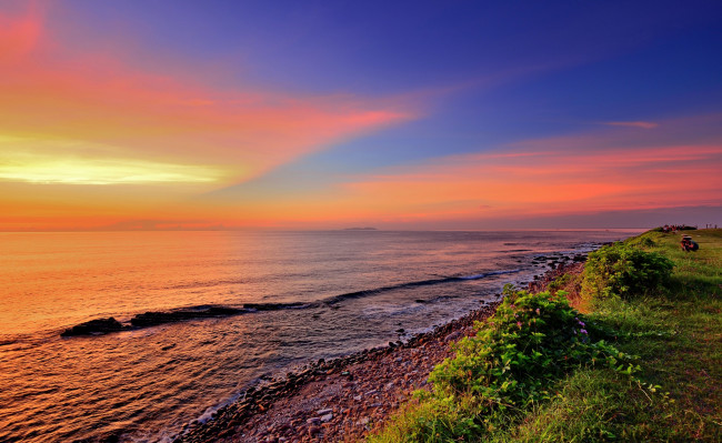 Обои картинки фото природа, побережье, океан, берег, горизонт, облака, зарево