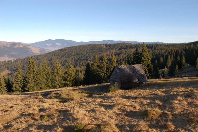 Обои картинки фото природа, пейзажи, избушка, горы, трава, лес, небо