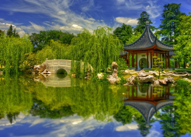 Обои картинки фото природа, парк, ивы, пруд, мостик, беседка