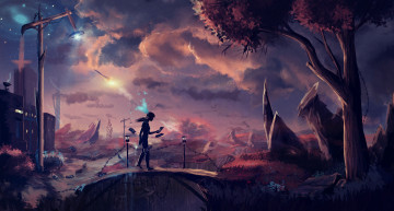 Картинка фэнтези иные+миры +иные+времена девушка иной мир запустение мост фонари