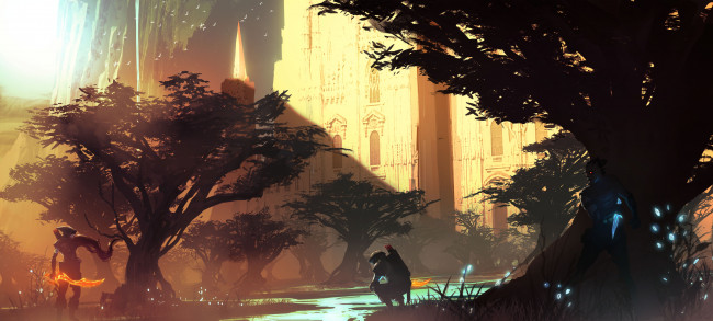 Обои картинки фото фэнтези, иные миры,  иные времена, иной, мир, замок, деревья, существа, воины