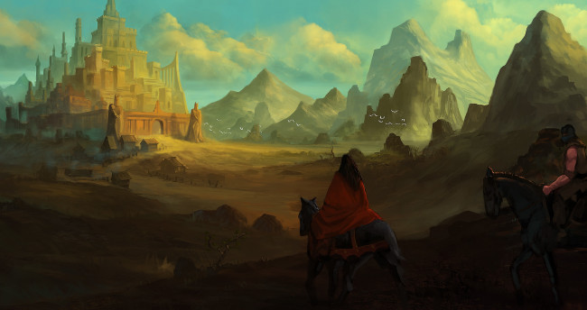 Обои картинки фото фэнтези, иные миры,  иные времена, плащ, кони, всадники, город, путники, пейзаж