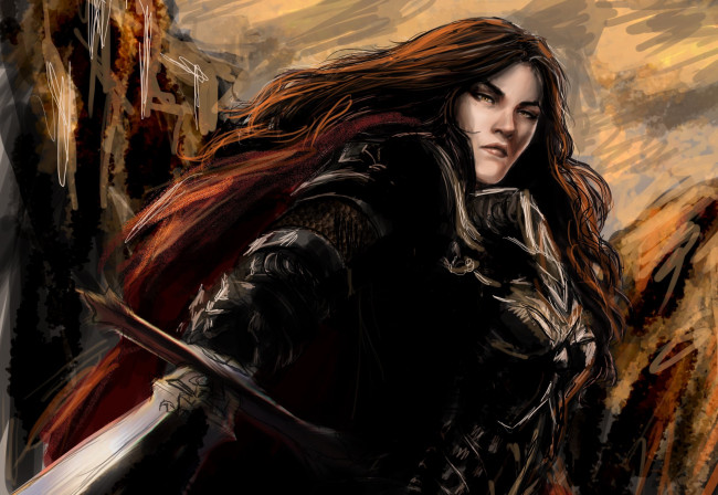 Обои картинки фото фэнтези, девушки, фантастика, арт, девушка, взгляд, волосы, меч, оружие, warrior