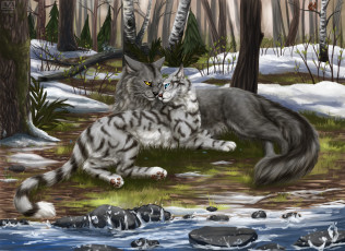 Картинка рисованное животные +коты коты ручей снег лес