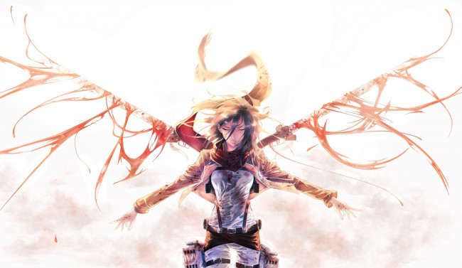 Обои картинки фото разное, арты, арт, атака, титанов, микаса, лезвия, оружие