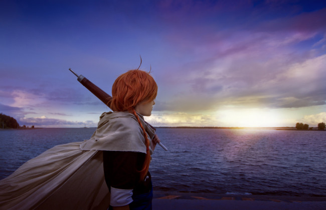 Обои картинки фото разное, cosplay , косплей, арт, парень, аниме, закат
