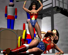 обоя 3д графика, фантазия , fantasy, драка, фон, взгляд, девушки