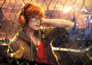Картинка аниме mystic+messenger взгляд забор арт парень очки наушники