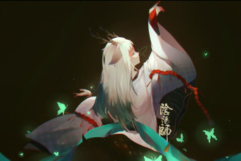 Картинка аниме животные +существа фавн арт бабочки фэнтези девуша