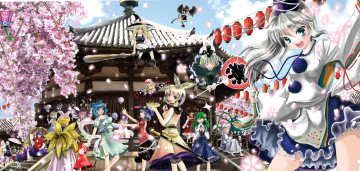 Картинка аниме touhou девушки взгляд фон