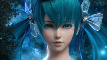 Картинка аниме vocaloid hatsune miku сердечко бант 3d голубые волосы сияние вокалоид лицо