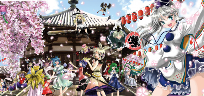 Обои картинки фото аниме, touhou, девушки, взгляд, фон