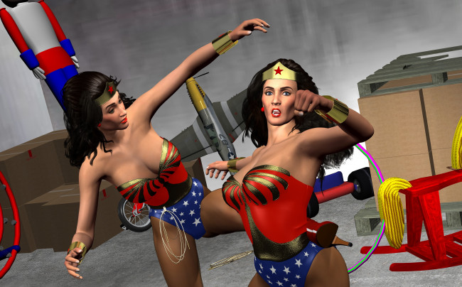 Обои картинки фото 3д графика, фантазия , fantasy, драка, фон, взгляд, девушки