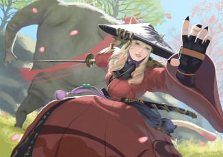 Картинка аниме оружие +техника +технологии шляпа меч альбинос фон девушка