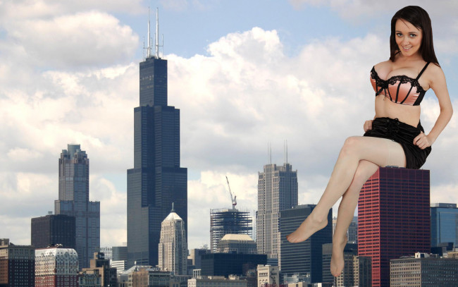 Обои картинки фото разное, компьютерный дизайн, город, фон, взгляд, девушка