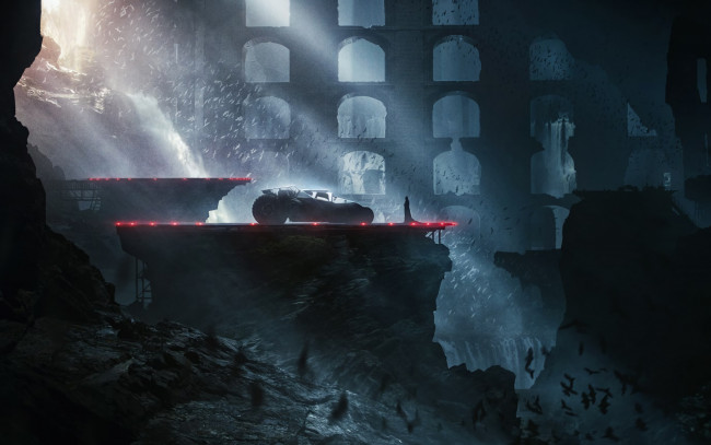 Обои картинки фото рисованное, комиксы, бэтмен, пещера, автомобиль, летучие, мыши