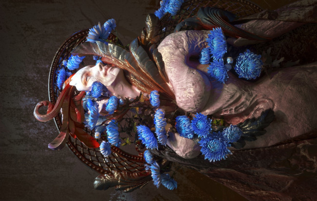 Обои картинки фото фэнтези, существа, женщина, цветы, хризантемы