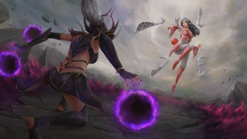 Картинка league+of+legends 3д+графика фантазия+ fantasy девушки фон бой униформа магия нож syndra