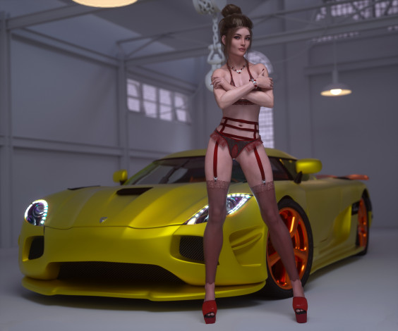 Обои картинки фото 3д графика, люди-авто, мото , people- car ,  moto, девушка, фон, взгляд, авто