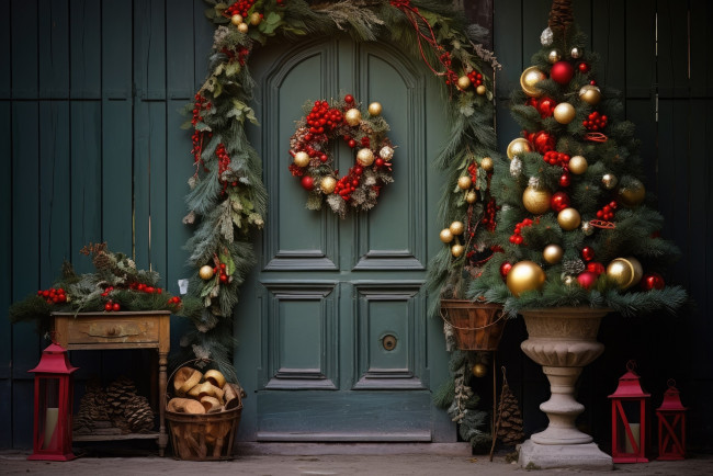 Обои картинки фото праздничные, ёлки, венок, елка, шарики, шишки, фонари