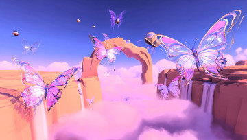 обоя рисованное, животные,  бабочки, бабочки, скалы, арка, водопад, облако