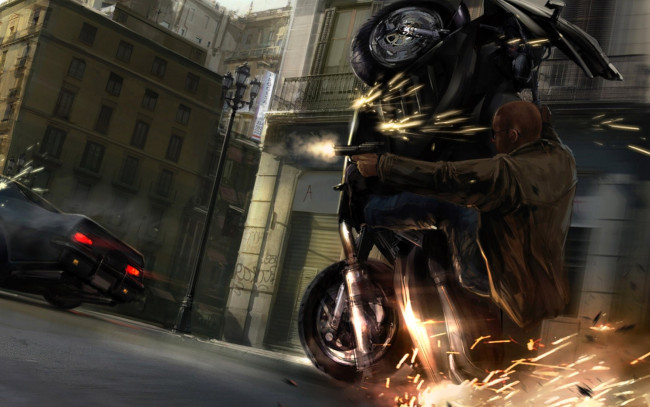 Обои картинки фото видео игры, the wheelman, человек, пистолет, стрельба, мотоцикл, искры, машина, дорога, дома, улица
