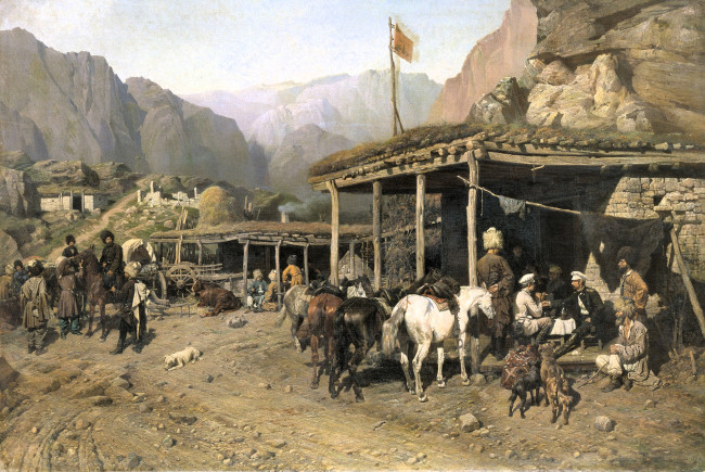 Обои картинки фото рисованное, павел ковалевский, горы, селение, люди, животные