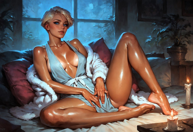 Обои картинки фото рисованное, люди, девушка, блондинка, платье, диван, окно, свечи