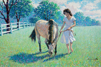 Картинка arthur saron sarnoff рисованные луг девушка лошадь