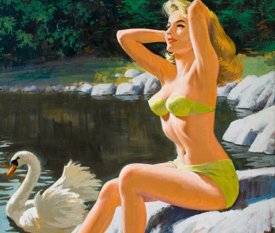 Обои картинки фото arthur, saron, sarnoff, рисованные, лебедь, девушка