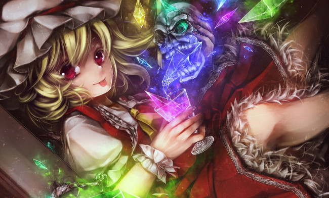 Обои картинки фото аниме, touhou, фландрэ, череп, бокал, кристалы