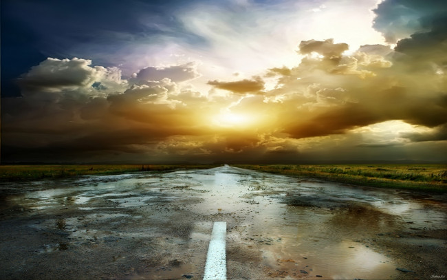 Обои картинки фото природа, дороги, закат, дорога, лужи