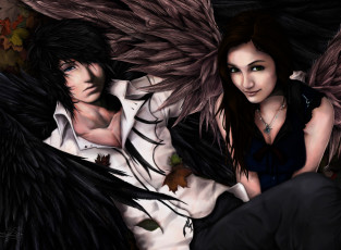 Картинка фэнтези люди парень девушка осень листья крылья