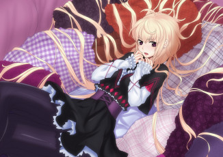 Картинка by lemoo аниме *unknown другое девушка подушки платье волосы