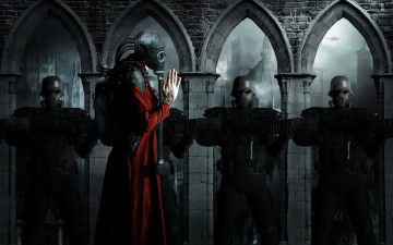 Картинка фэнтези роботы киборги механизмы стража арки противогазы