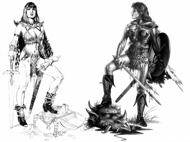 Обои картинки фото рисованные, люди, воительницы, мечи, сундук, голова